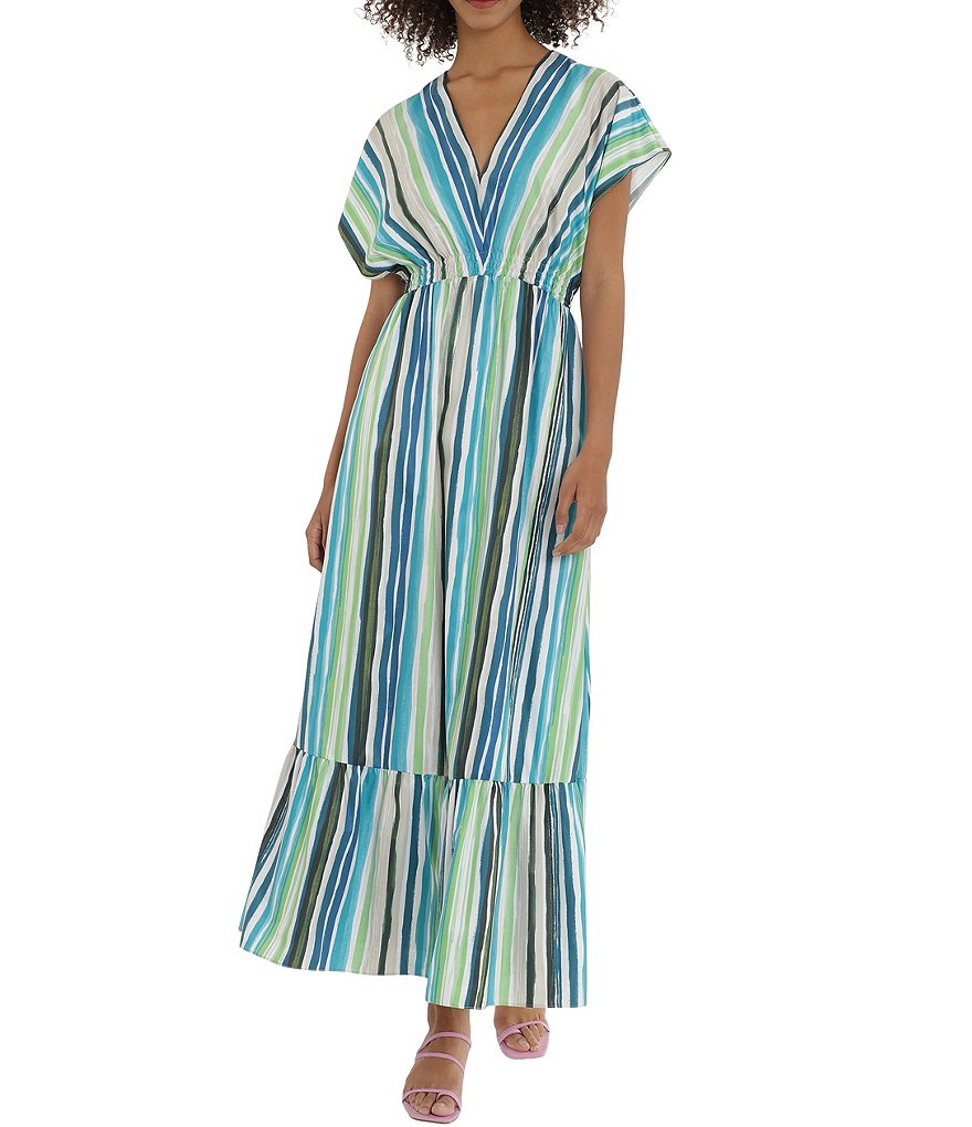 Maggy London V-Neck Stripe Ruffle Hem Maxi Dress