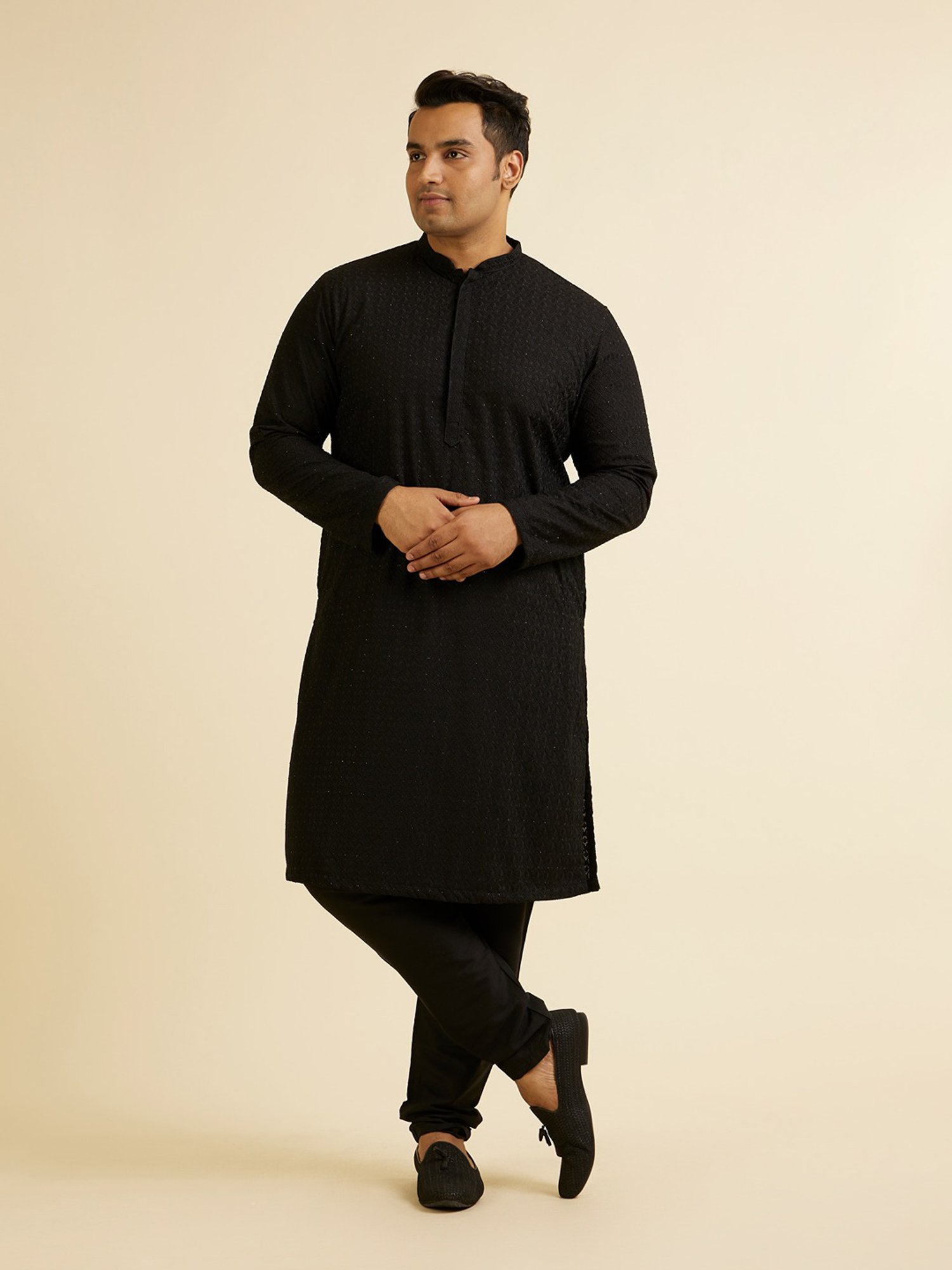 Manyavar Black Regular Fit Embroidered Plus Size Kurta and Pyjama Set