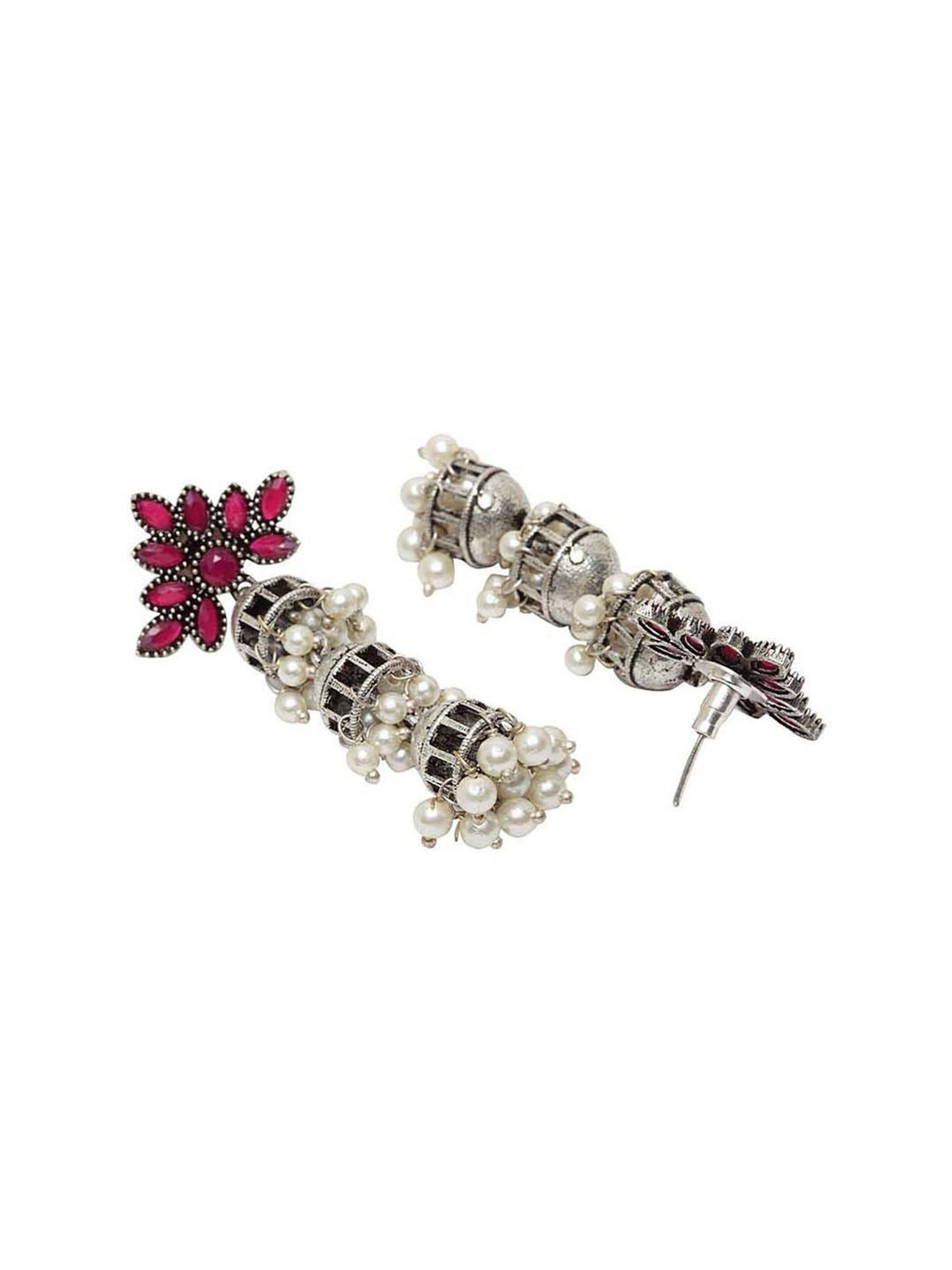 Panash Silver-Plated & Pink Oxidised Layered Jhumki Earrings