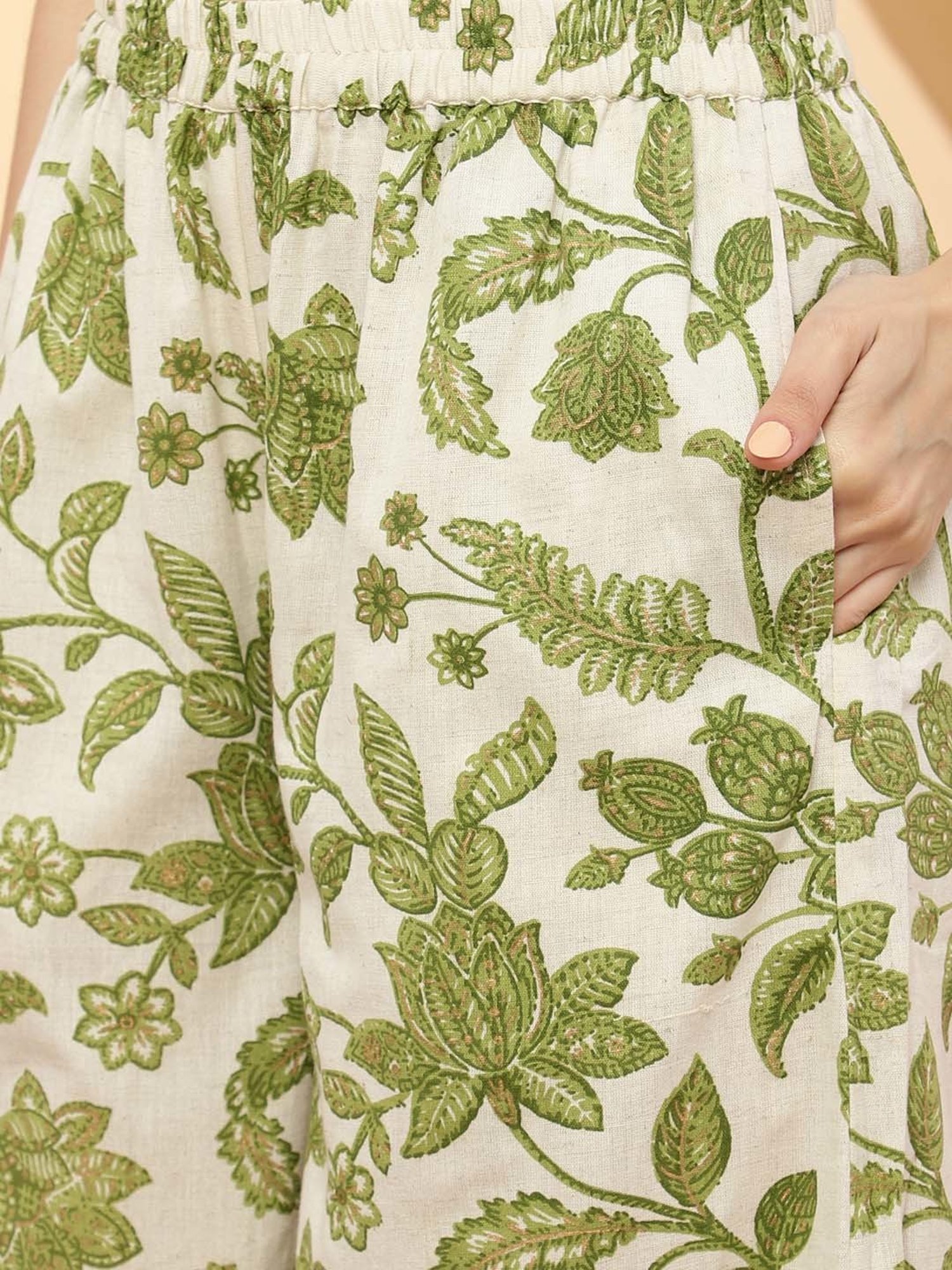 Sringam Off-White & Green Floral Print Tunic Palazzo Set