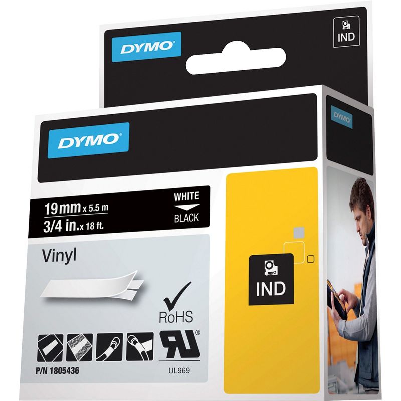 Dymo Colored 3/4" Vinyl Label Tape - Permanent Adhesive - 15/32" Width x 18 ft Length - Thermal Transfer - White - Vinyl - 1 Each