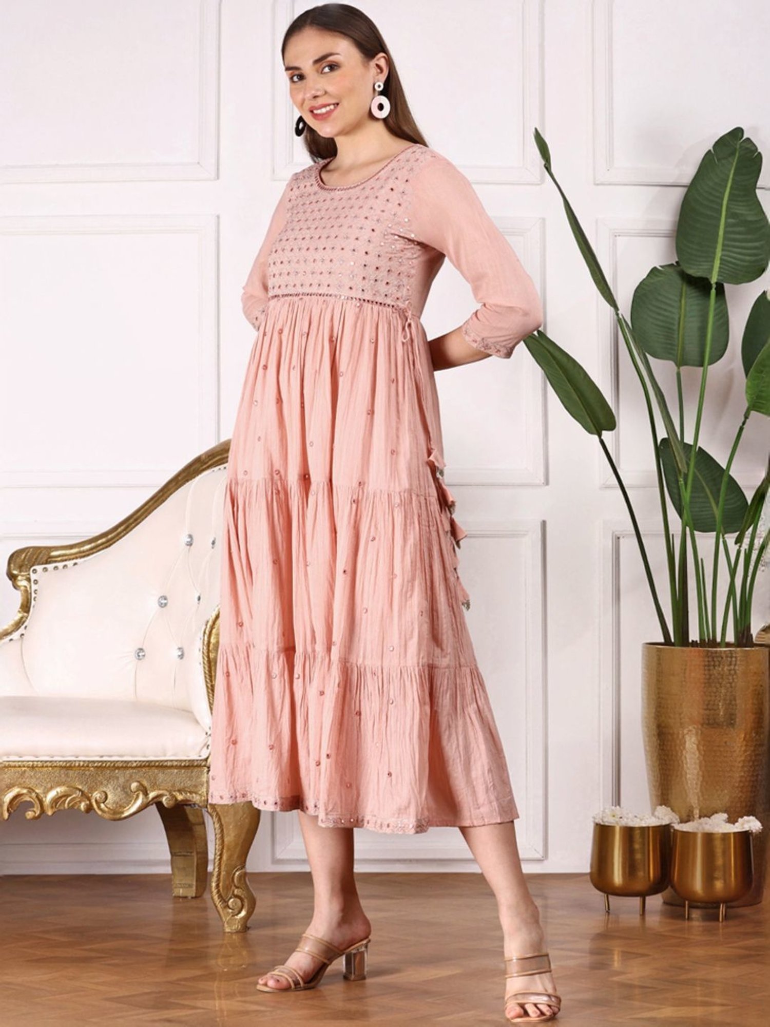 Ishin Peach Cotton Embroidered A-Line Dress