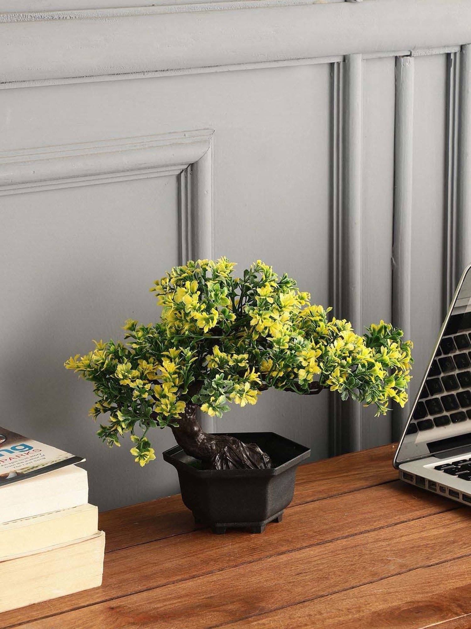 Foliyaj Multicolor Plastic Artificial Bent Bonsai Tree With Pot