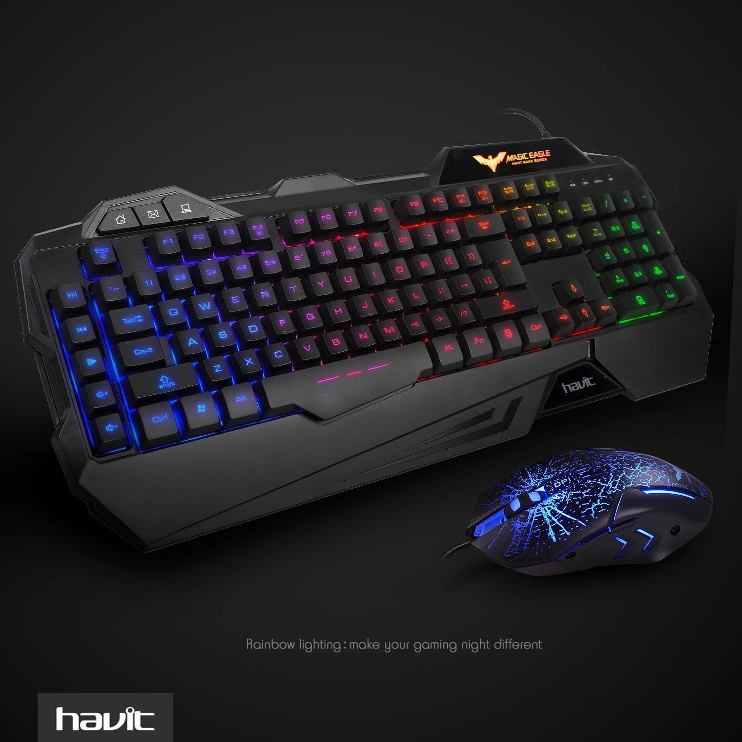 Gaming Keyboard and Mouse Combo, Led Rainbow Backlit Wired Gaming Keyboard and Gaming Mouse,Up to 3200 DPI,19 Anti-ghosting key ,5 multimedia keys - Black