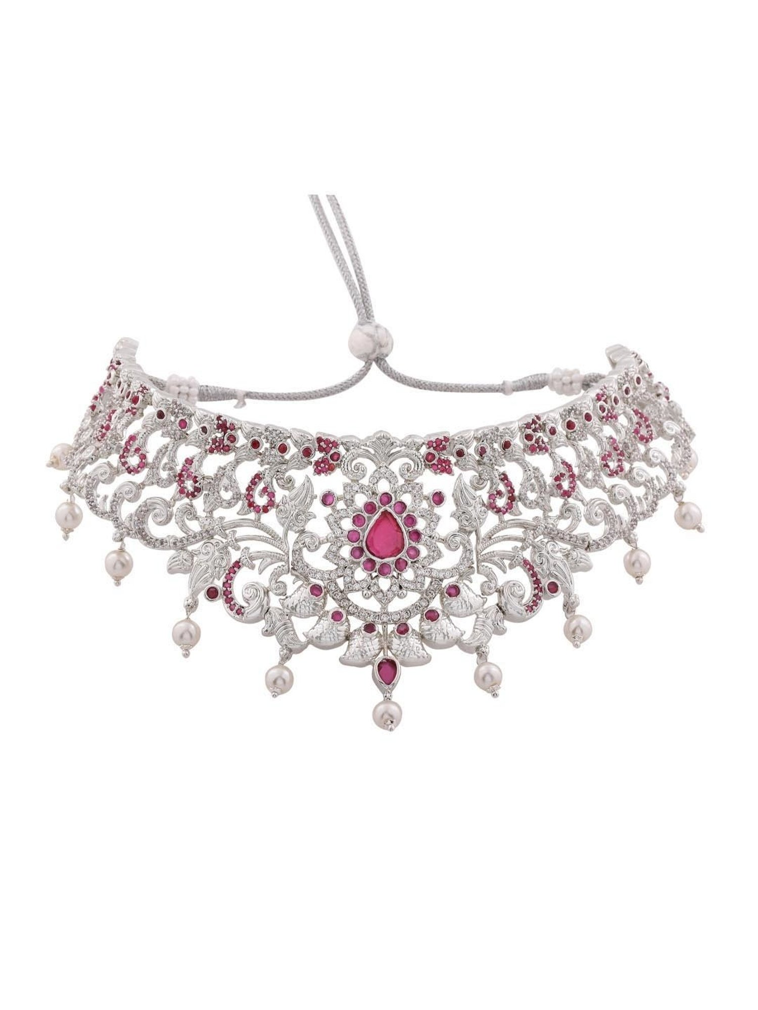 Estele Rhodium-Plated CZ Magnificent Bridal Necklace Set with Pearls for Women