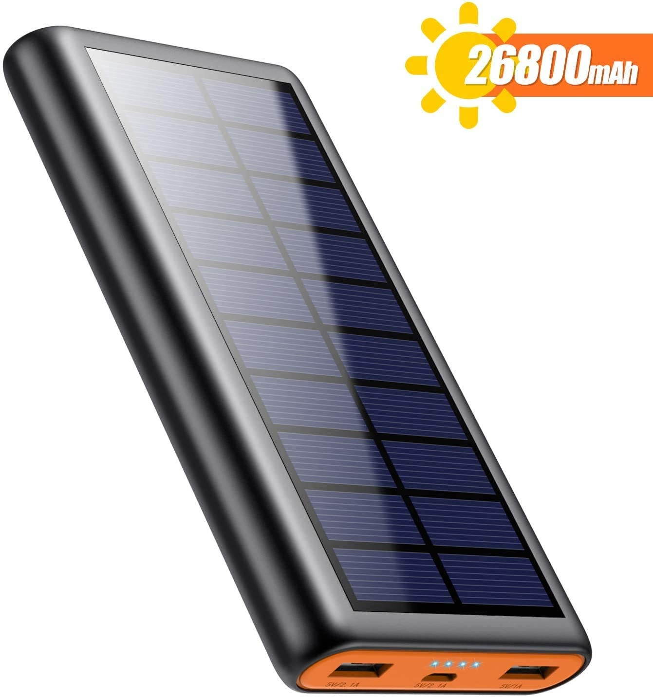 Solar Charger Power Bank 26800mah, 2 USB Output Fast Phone Portable Charger Power Bank Cell Phone Solar Battery Bank Pack External Backup Pack for iPhone, Samsung Galaxy Android, iPad Tablet