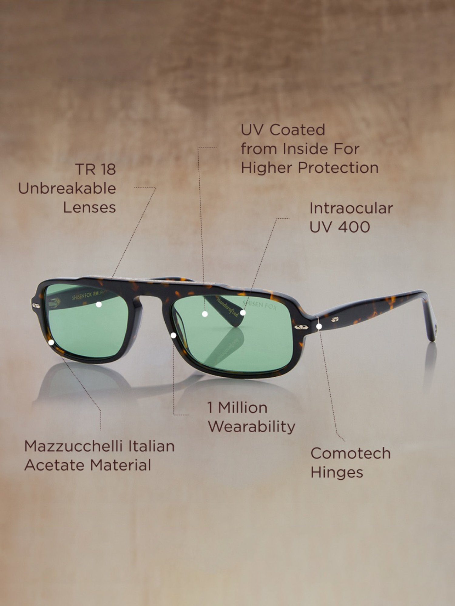 Shisen Fox Samurai Dark Havana Rectangular Unisex UV Protection Sunglasses -54 mm