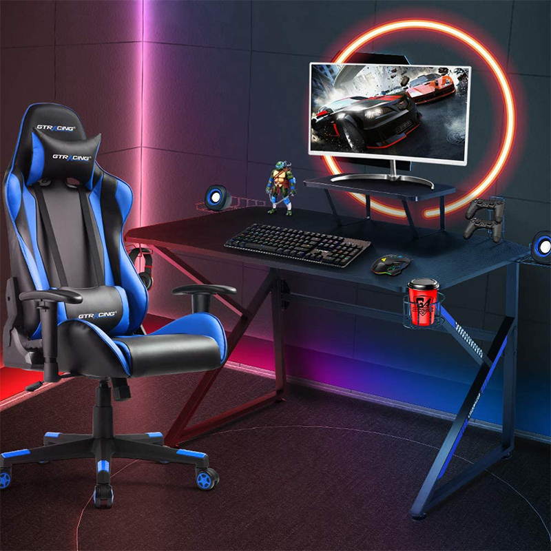 Gaming Desk 39 Inch Computer Desk Gaming Table K Shaped Pc Gaming Workstation Home Office Desk with Headphone/CD Holder, Gaming Controller Rack, K01