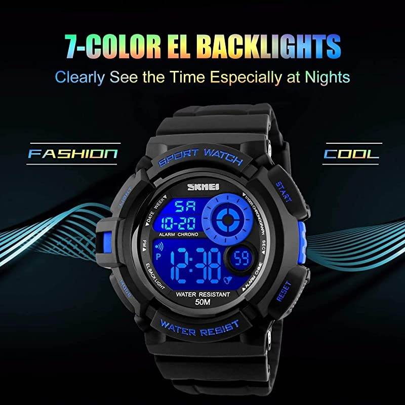 Mens Sport Running Watch Digital Electronic 50M Waterproof Military Army Sports LED Wristwatch Water Resistant with Stopwatch Unique Dial 7 Color Changeable Backlight Blue