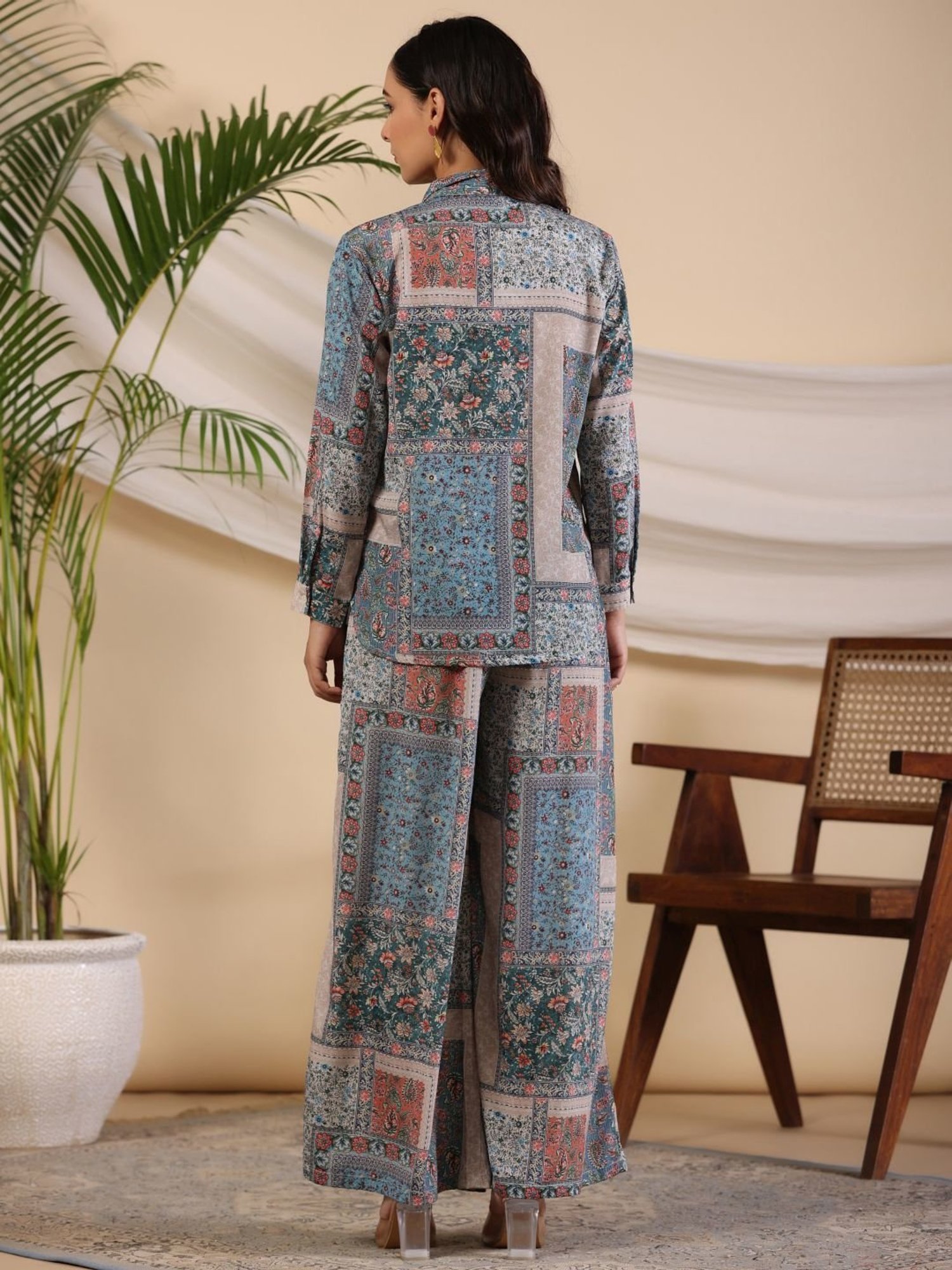 Juniper The Ornamental Blooms Women Silk Floral Printed Blue Shirt With Pants Co-Ord Set