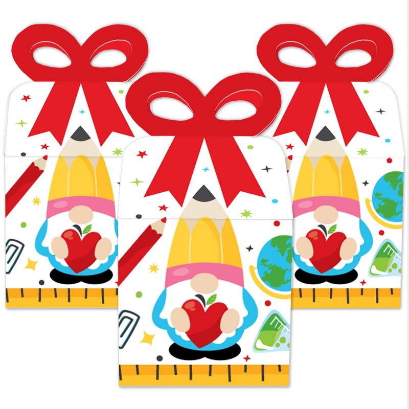 Big Dot of Happiness School Gnomes - Square Favor Gift Boxes - Teacher and Classroom Decorations Bow Boxes - Set of 12