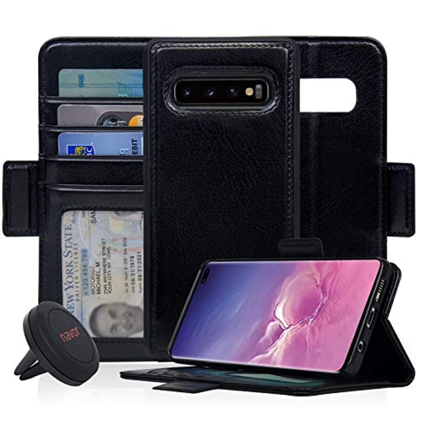 navor universal car mount & detachable magnetic wallet case compatible for samsung galaxy s10 plus 6.4" vajio series  black