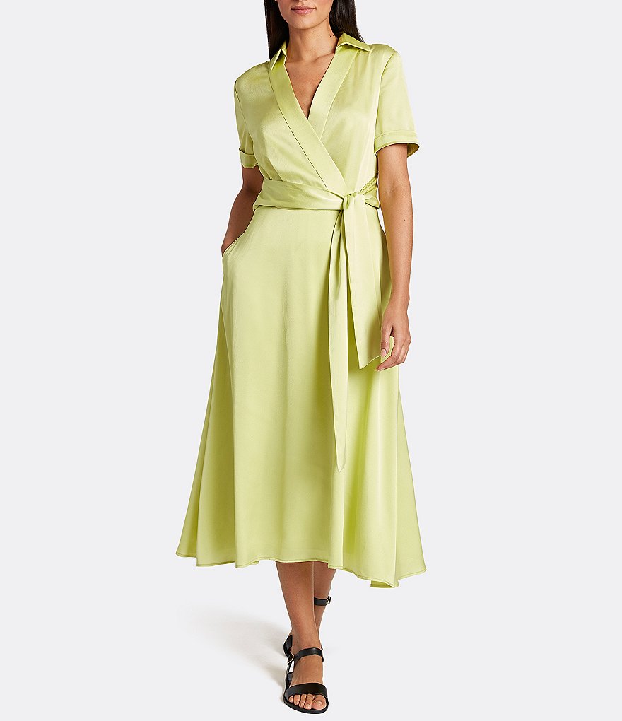 Tahari ASL Faux Wrap Short Sleeve Satin Dress