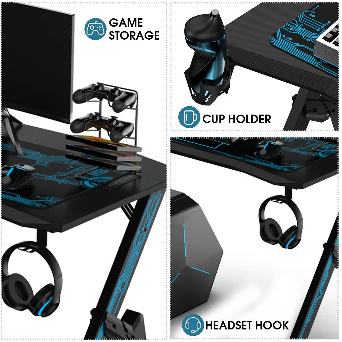 43" Ergonomic Gaming Computer Office Gamer Desk Table W/ Cup Holder Headphone