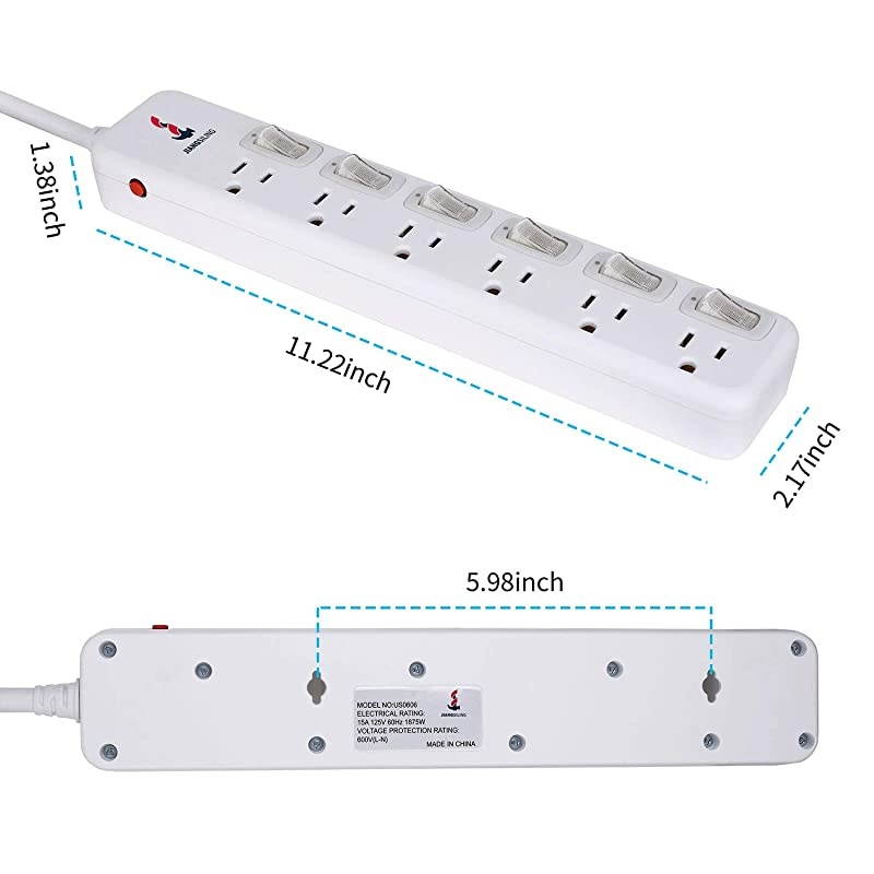 Protector Power Strip 6 ft Extension Cord 14AWG Straight Wire Plug Independent switches 125V15A Hanging Hole SGS CertificationWhite