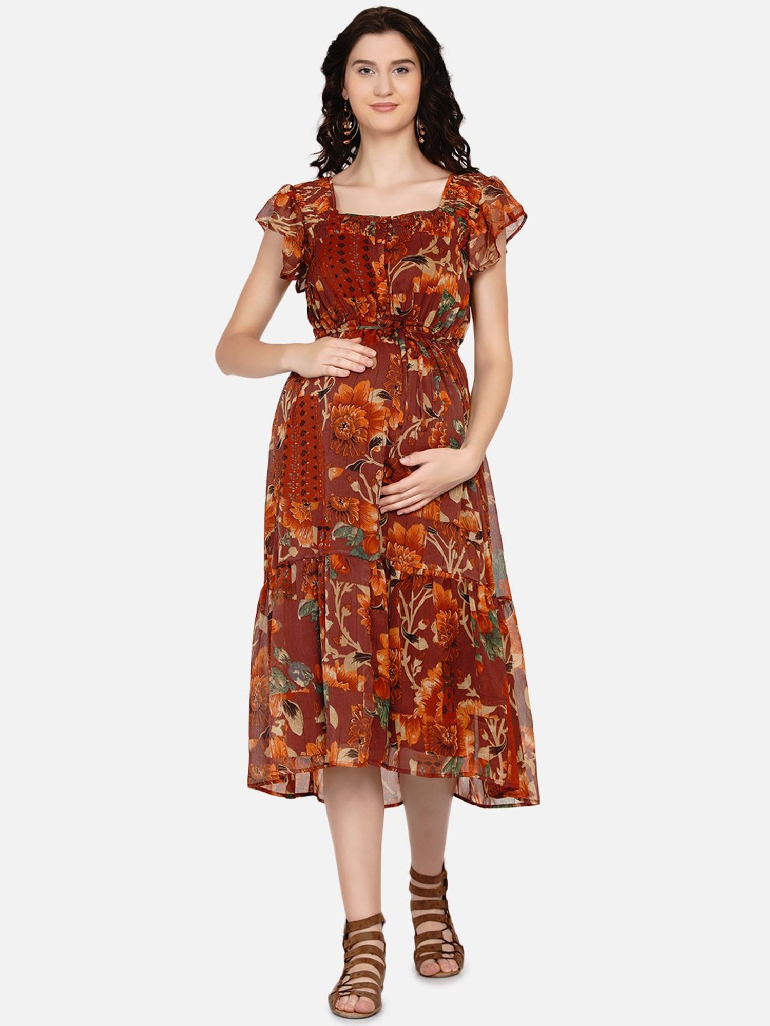 Mine4Nine Brown Floral Print Maternity Dress