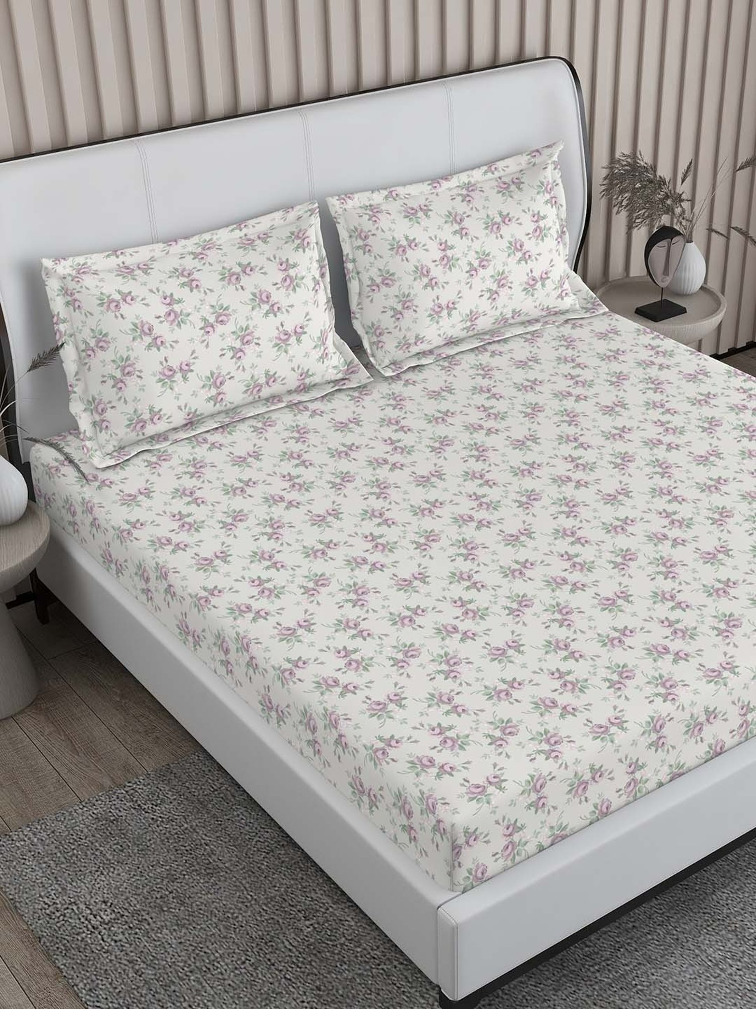 Boutique Living Regent Park Floral Purple 200 TC Cotton Blend King Bed Sheet with 2 Pillow Covers