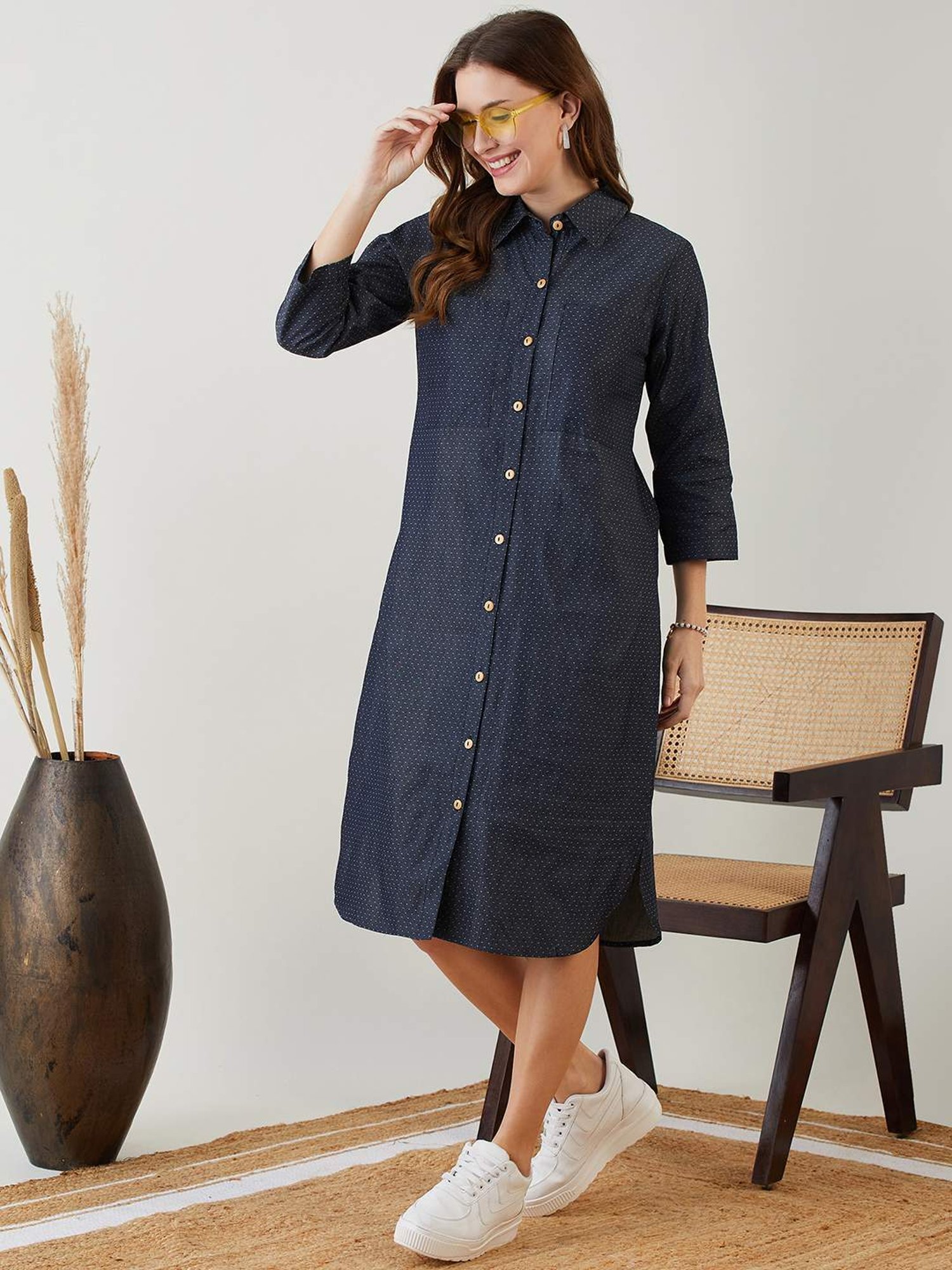 The Kaftan Company Blue Cotton Self Pattern A-Line Dress
