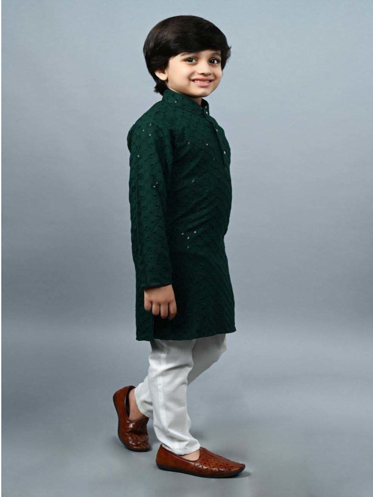 Ahhaaaa Kids Green Cotton Embellished Full Sleeves Kurta Set