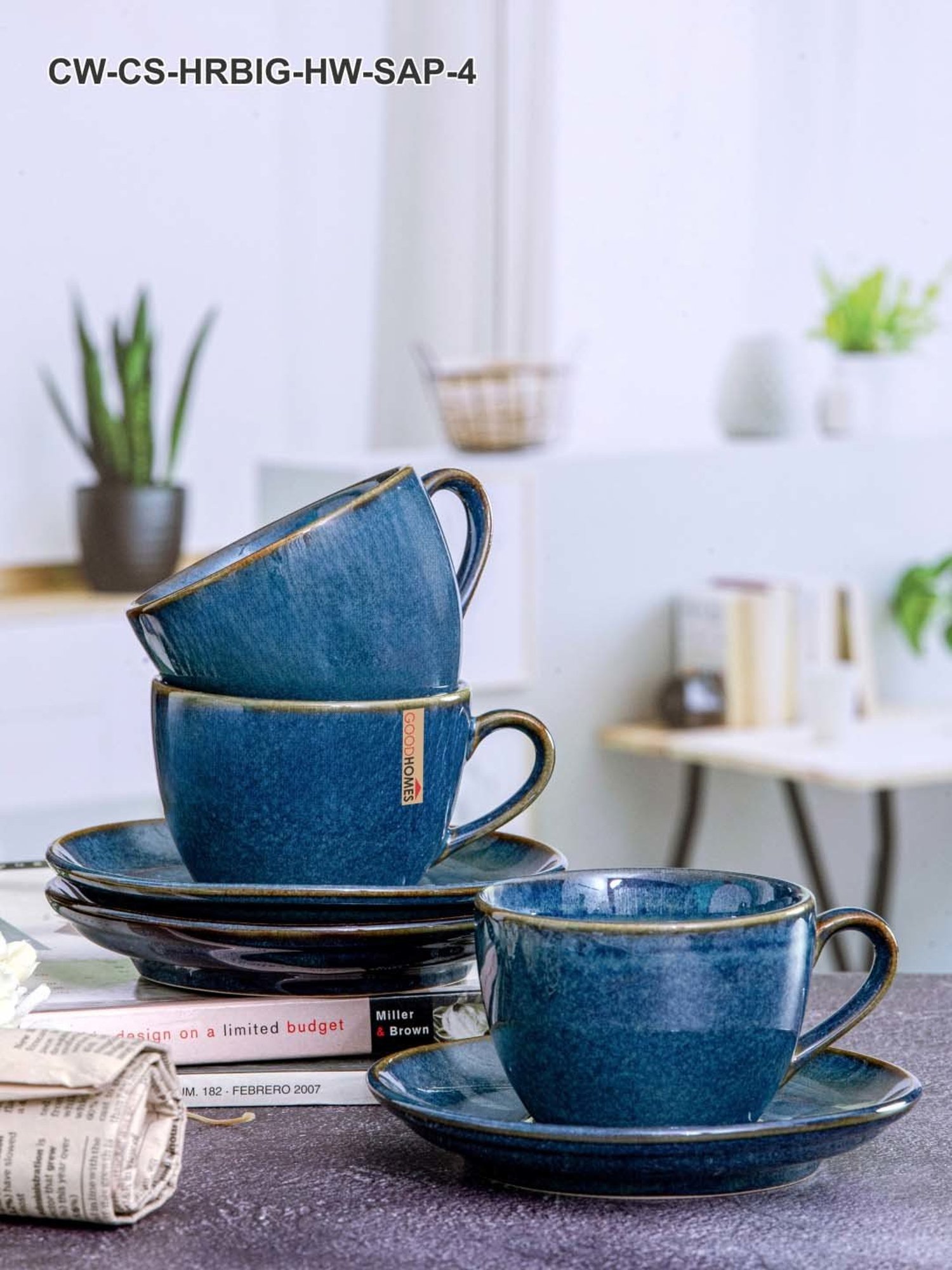 Goodhomes Blue Stoneware 4 Tea Cup & 4 Saucer(0.2 L)