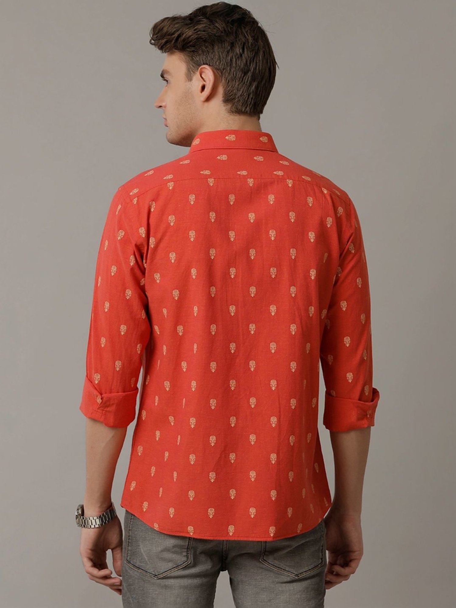 Cavallo By Linen Club Red Linen Contemporary Fit Printed Shirt