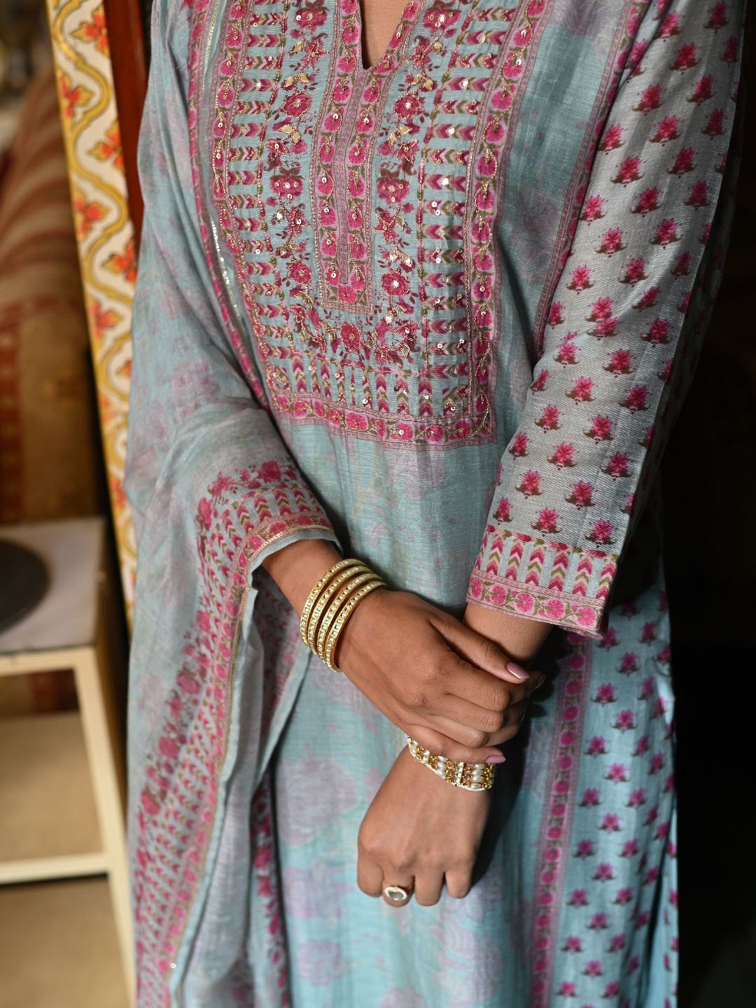 Mahee Jaipur Blue Ikhtiyar Block Print Chanderi Suit