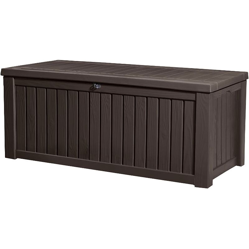 Keter 209721 Large 150 Gallon Waterproof All Weather Resistant Wood Panel Outdoor Backyard Rockwood Patio Porch Deck Garden Storage Box Bench, Brown