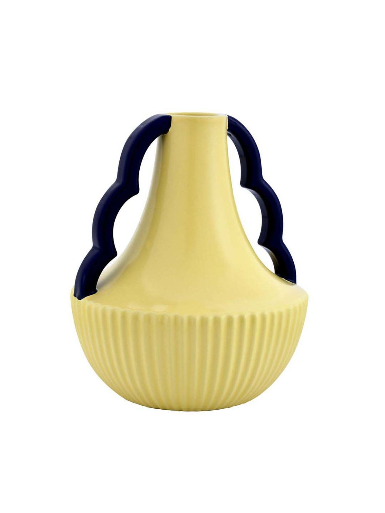 @home Cream & Blue Dolomite Decorative Semi Fluted Design Vase With 2 Handles