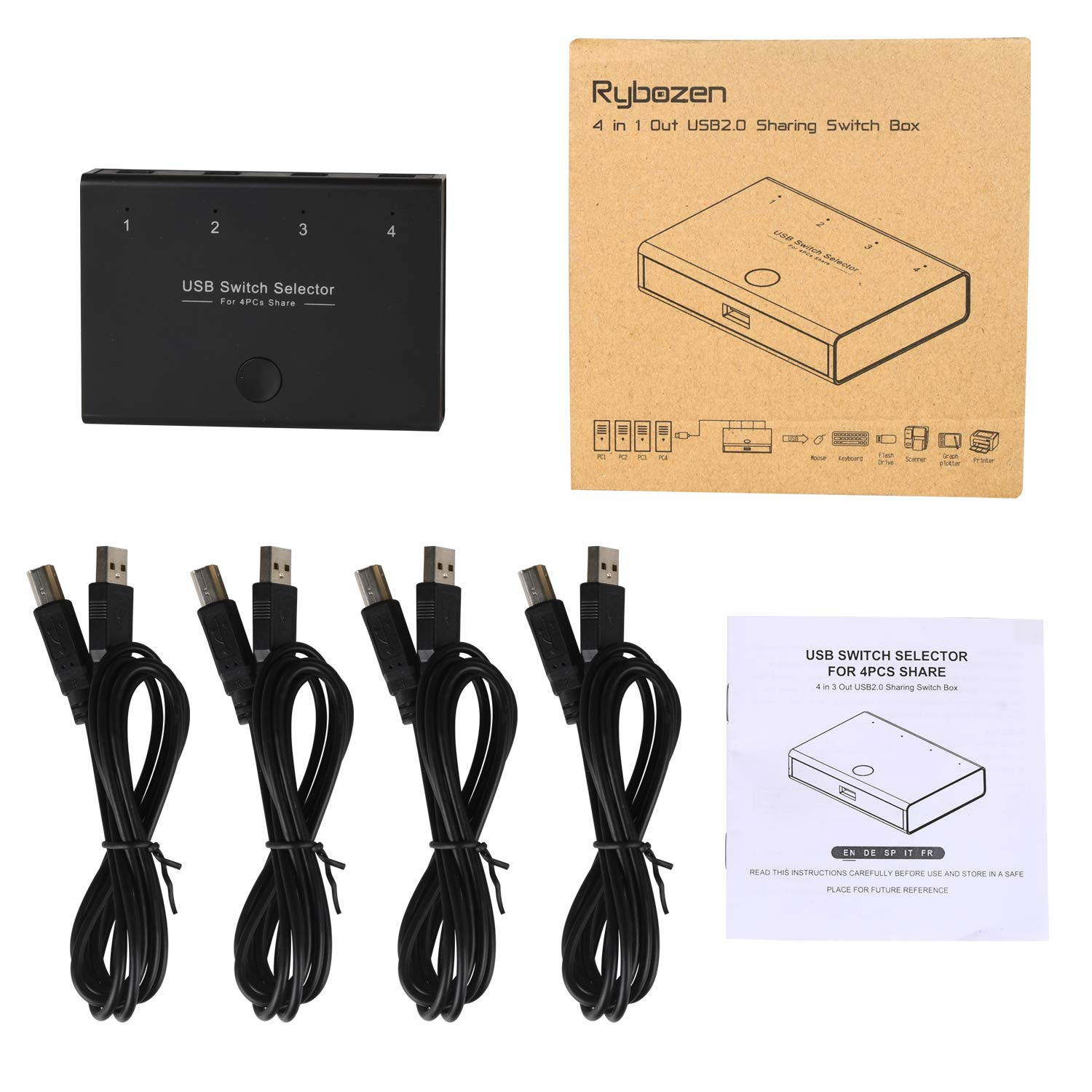 USB Switch Selector, KVM Switcher for 4 PC Sharing 3 USB Devices, One-Button Swapping for Keyboard, Mouse, Scanner, Printer, Computer, with 4 USB Cables