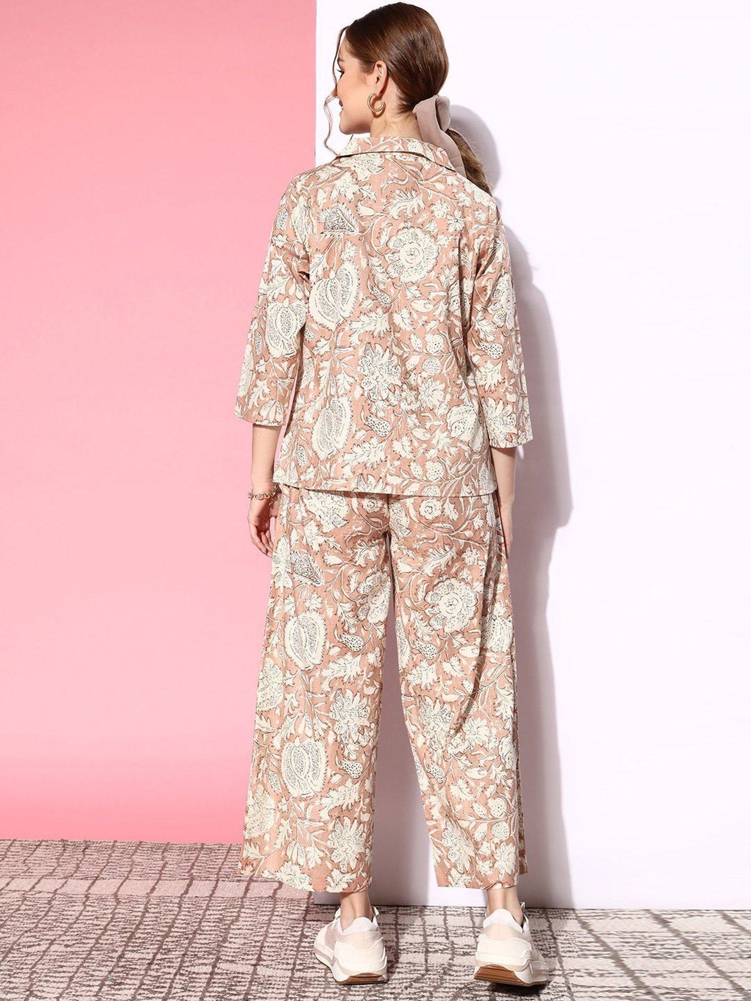 Prakrti Brown Cotton Printed Crop Top Pant Set With Overlay