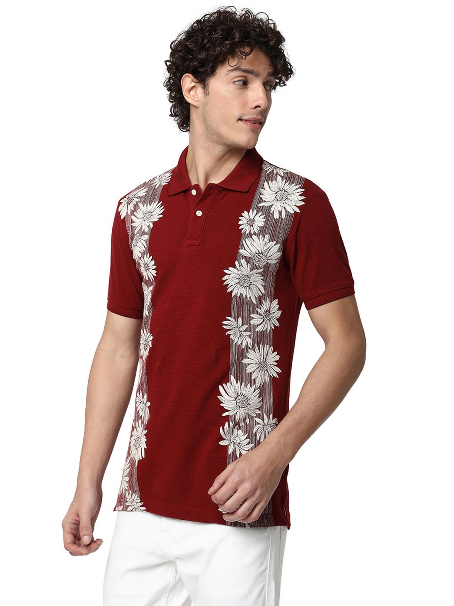 Mufti Dark Rust Slim Fit Floral Print Cotton Polo T-Shirt