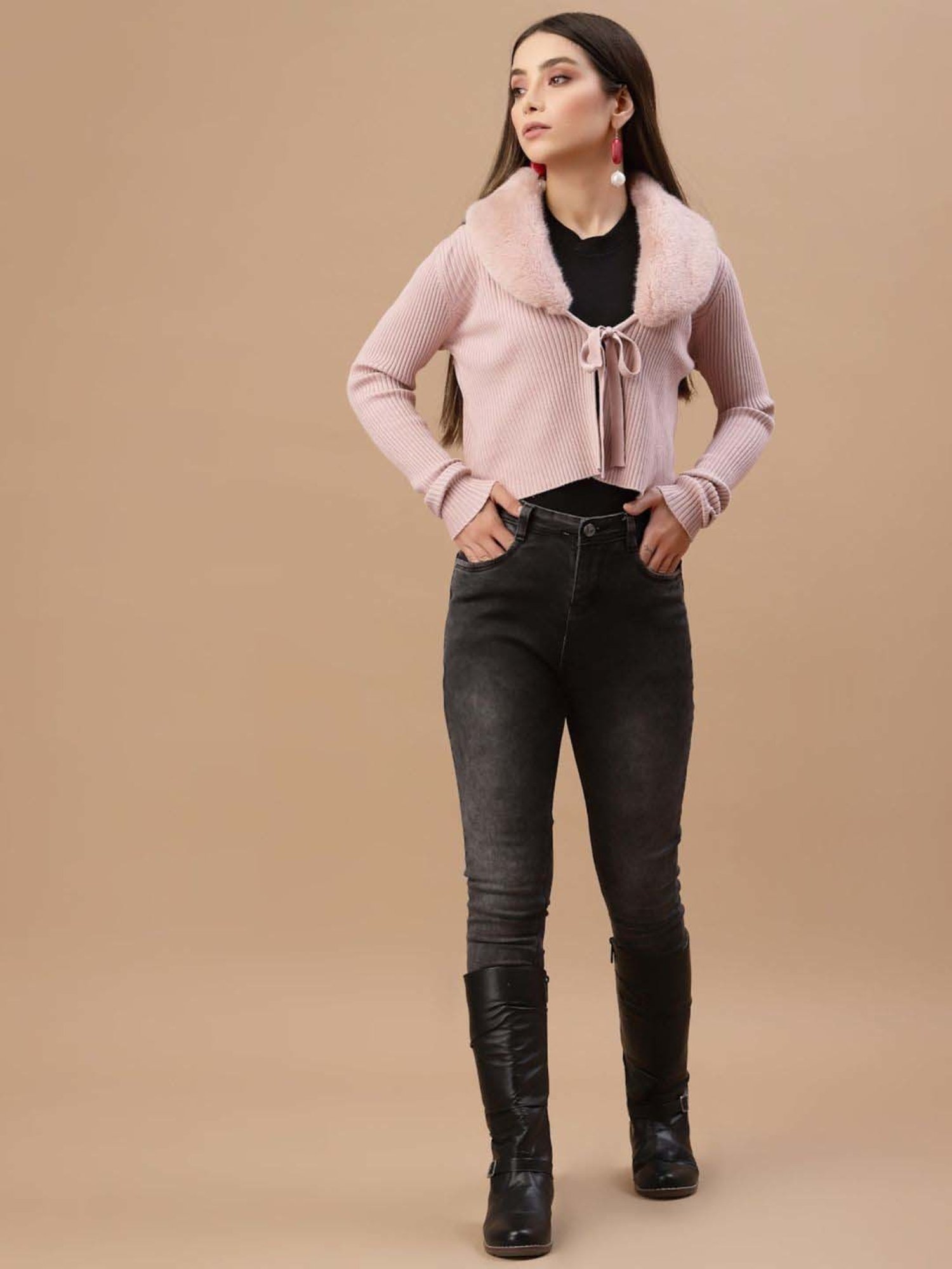 Mafadeny Peach Plain Cropped Cardigan