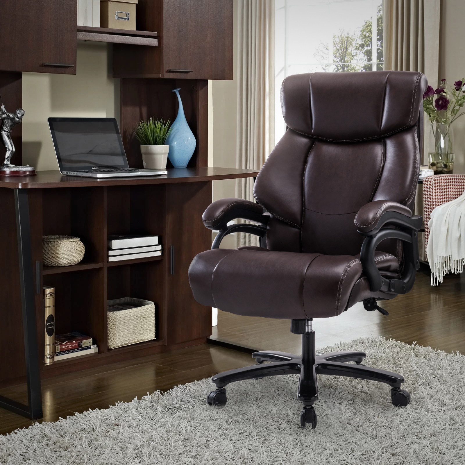 VANBOW  Big and Tall 400lb Executive Office Chair High Back Leather Heavy Duty Desk Computer Task Swivel Chairs with Adjustable Tilt Angle, Thick Padding and Ergonomic Design Lumbar Support, Brown