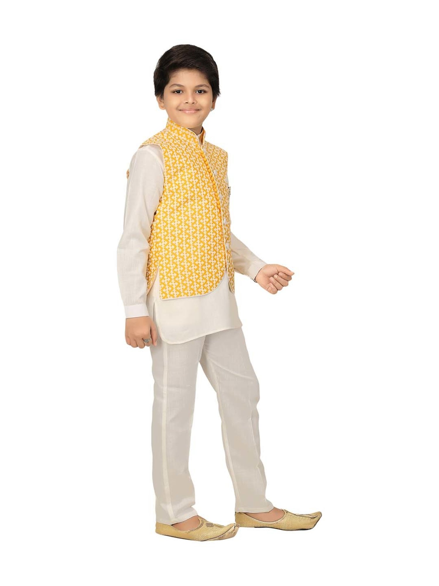Ahhaaaa Kids White & Yellow Cotton Embroidered Full Sleeves Kurta Set