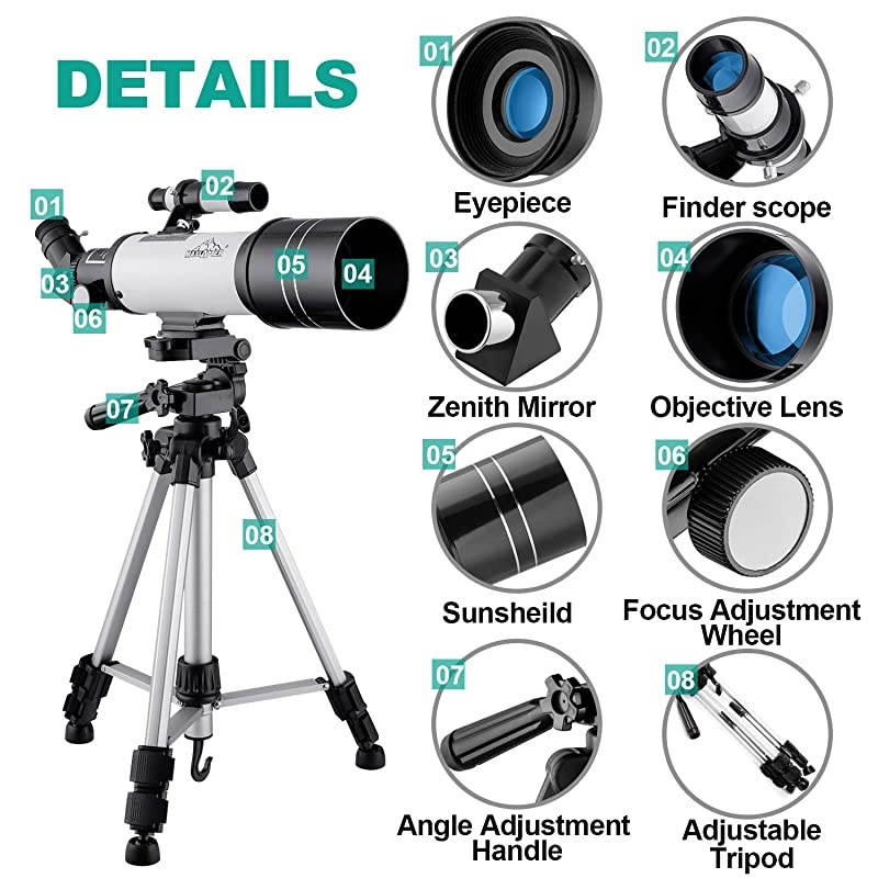 Telescope for Kids and Beginners, 70mm Refractor Telescope for Astronomy with Adjustable Tripod, Smartphone Adapter, Camera Shutter Wire Control, Backpack