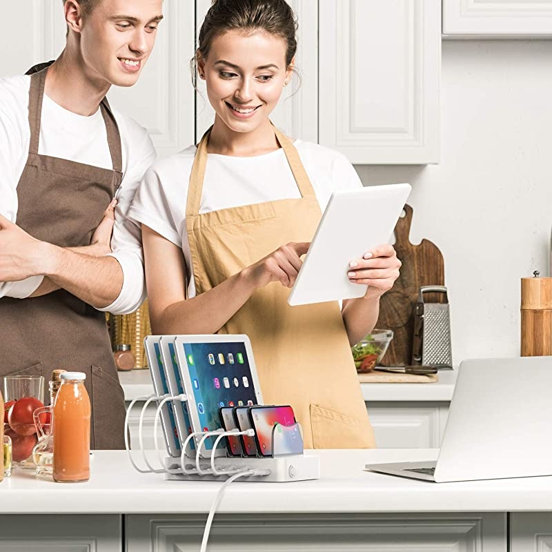 Premium 6-Port USB Charging Station Organizer for Multiple Devices, 6 Short Charging Cables Included, for Phones, Tablets, and Other Electronics, White