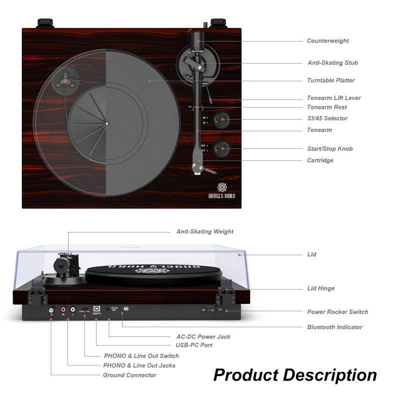 Record Player Stereo Turntable with Built-in 2-Speed Phono Preamp and Belt Drive