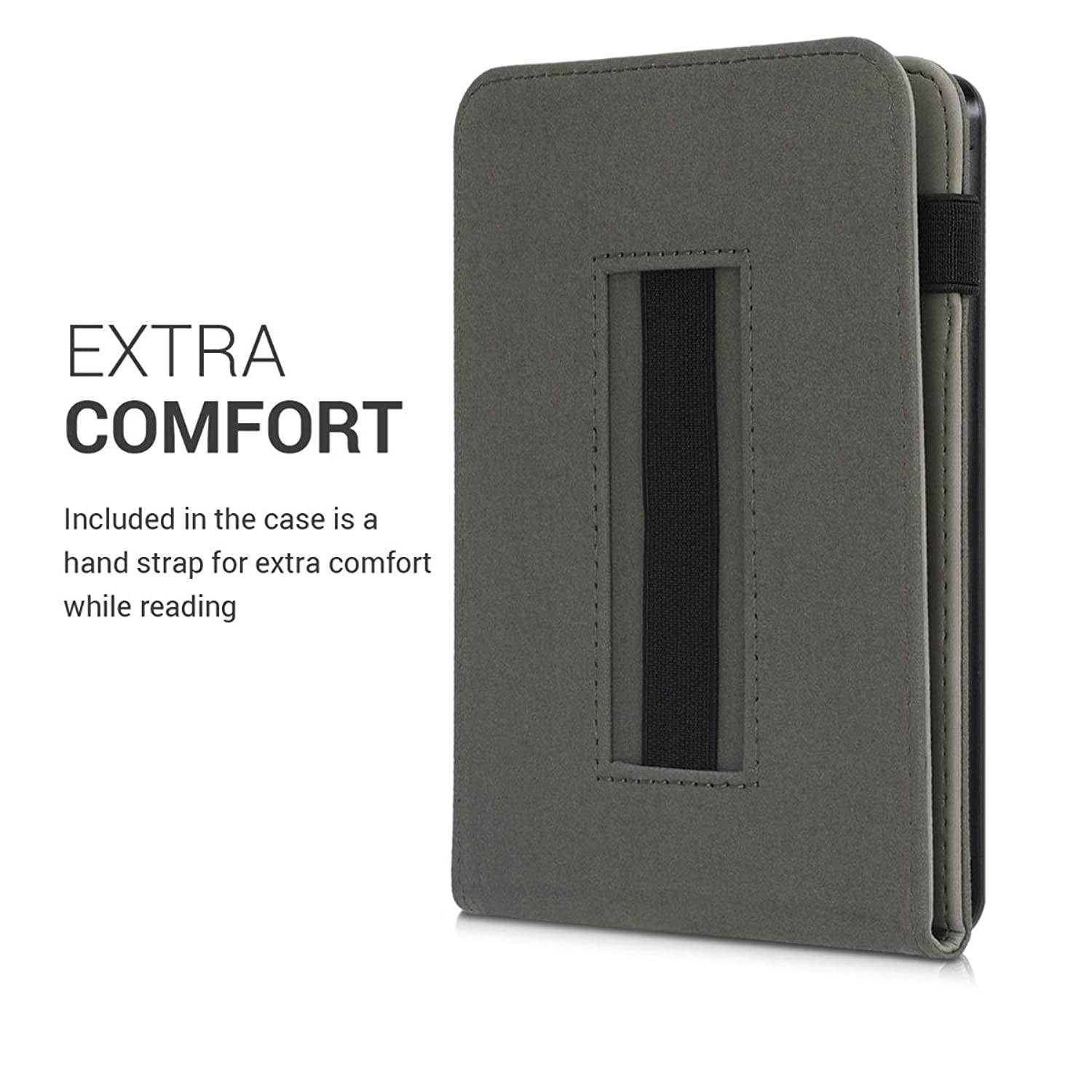 kwmobile Cover Compatible with Amazon Kindle Paperwhite (10. Gen - 2018) - Faux Nubuck Leather e-Reader Case with Built-in Hand Strap and Stand - Butterfly Tendril Grey