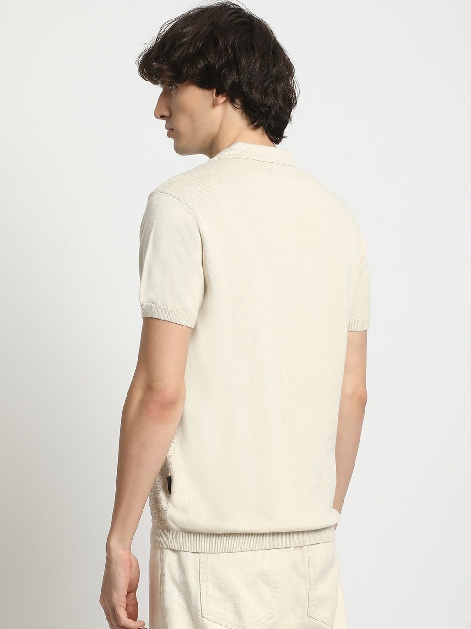 The Bear House Cream Cotton Regular Fit Self Pattern Polo T-Shirt