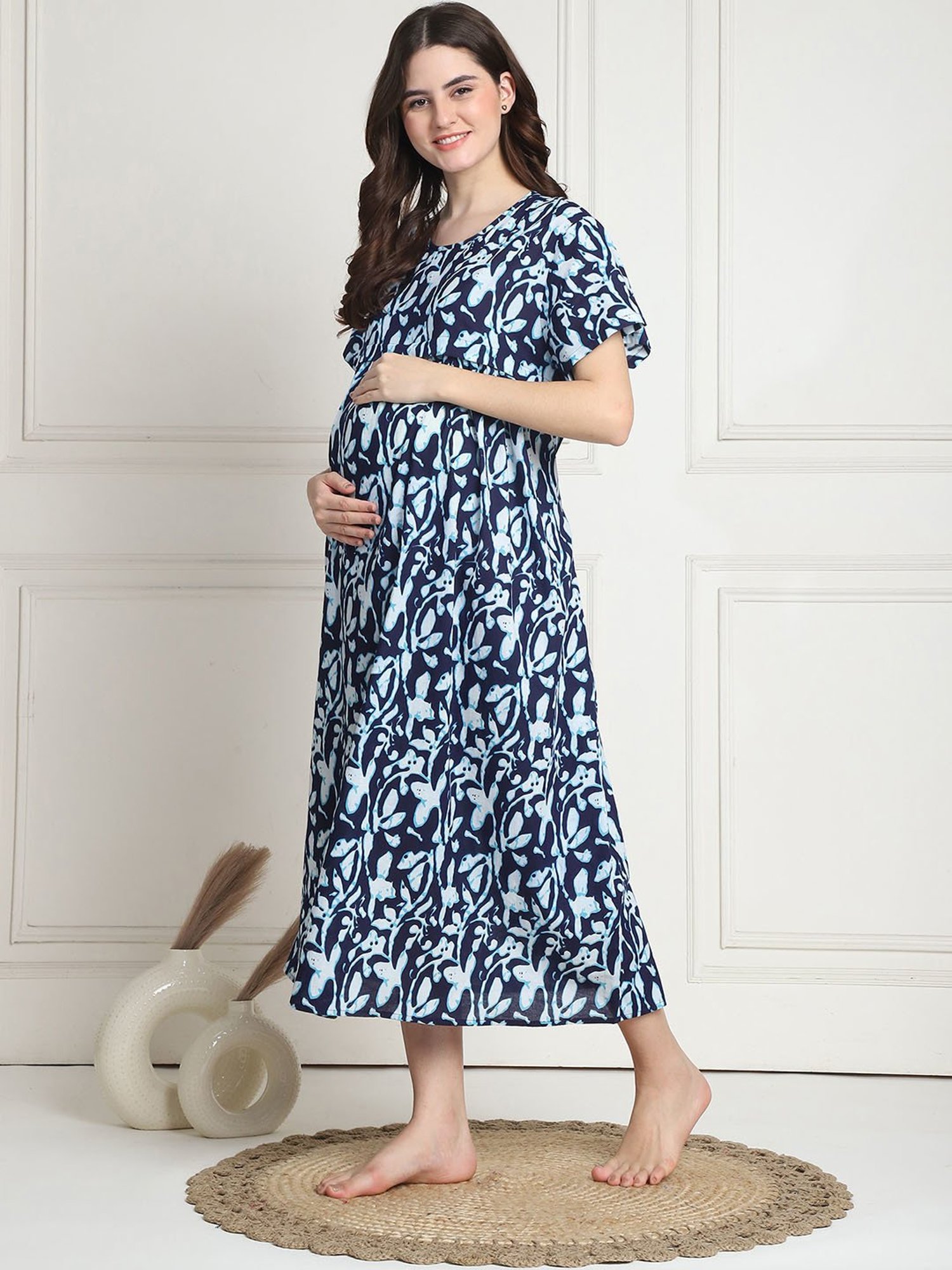 Secret Wish Navy Floral Print Maternity Night Dress
