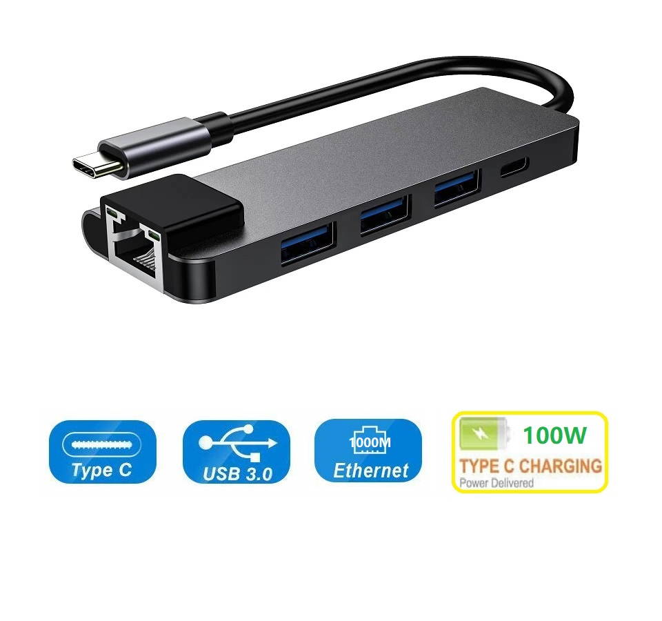 Gigabit Ethernet Card Type-C 3 USB3.0 + USB-C Female PD Charging HUB Aluminum Alloy, 5 in 1 USB-C HUB with 1000Mbps LAN PD 2 x USB 3.0 Ports, Type-C to RJ45 PD USB Dock.