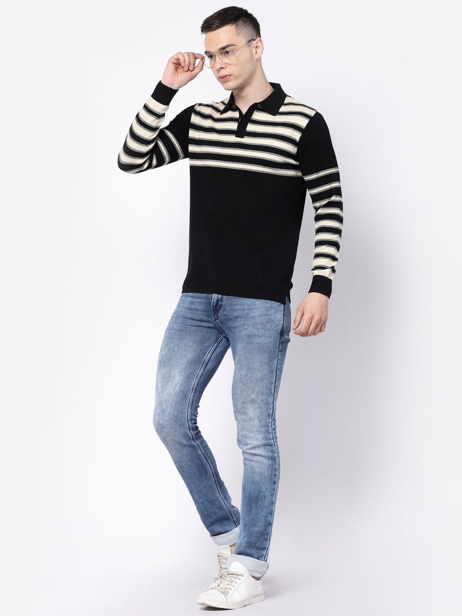 Kalt Black & Cream Regular Fit Striped Polo T-Shirt