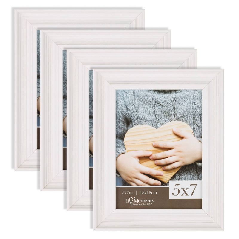 4pc (5" x 7") Farmhouse Tabletop or Wall Mount Picture Frames Distressed White - Life Moments