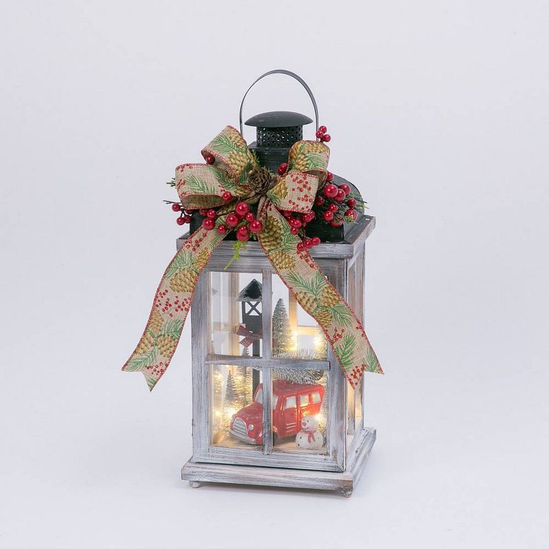 15" Battery Operated Wood Lantern with Holiday Scene and Timer Feature Decorative Figurine - Gerson International