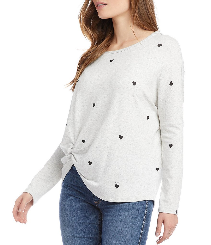 Karen Kane Long Sleeve Round Neck Heart Print French Terry Top