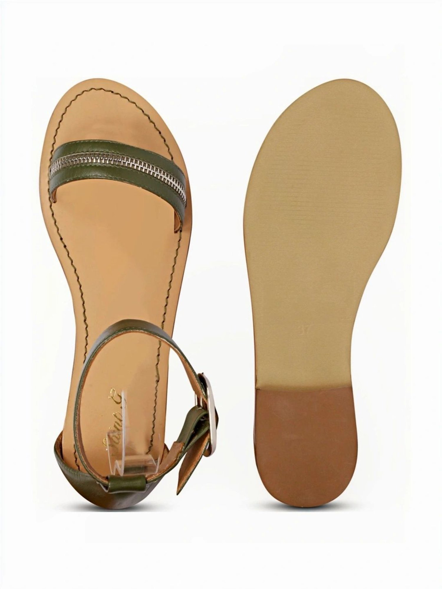 Saint G Women's Zip Decor Olive Ankle Strap Sandals