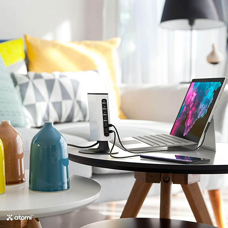 Charge Tower Pro - USB Desktop Charging Station, 6 Ports with Ai Rapid-Charge Technology - Black and White