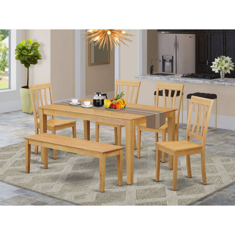 East West Furniture CAAN6-OAK-W Kitchen Dinette Table & 4 Room Chairs Coupled with A Wooden Bench, Oak