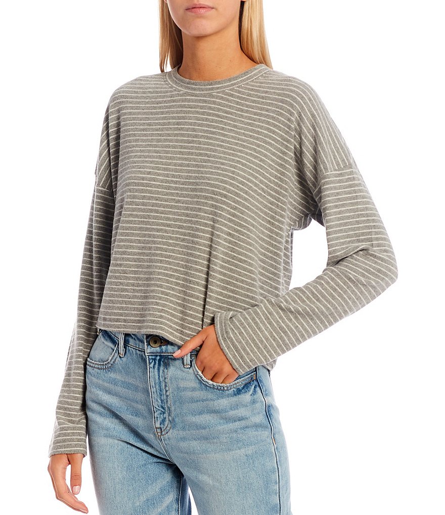 Every Long Sleeve Drop Shoulder Crew Neck Striped Cropped Tee