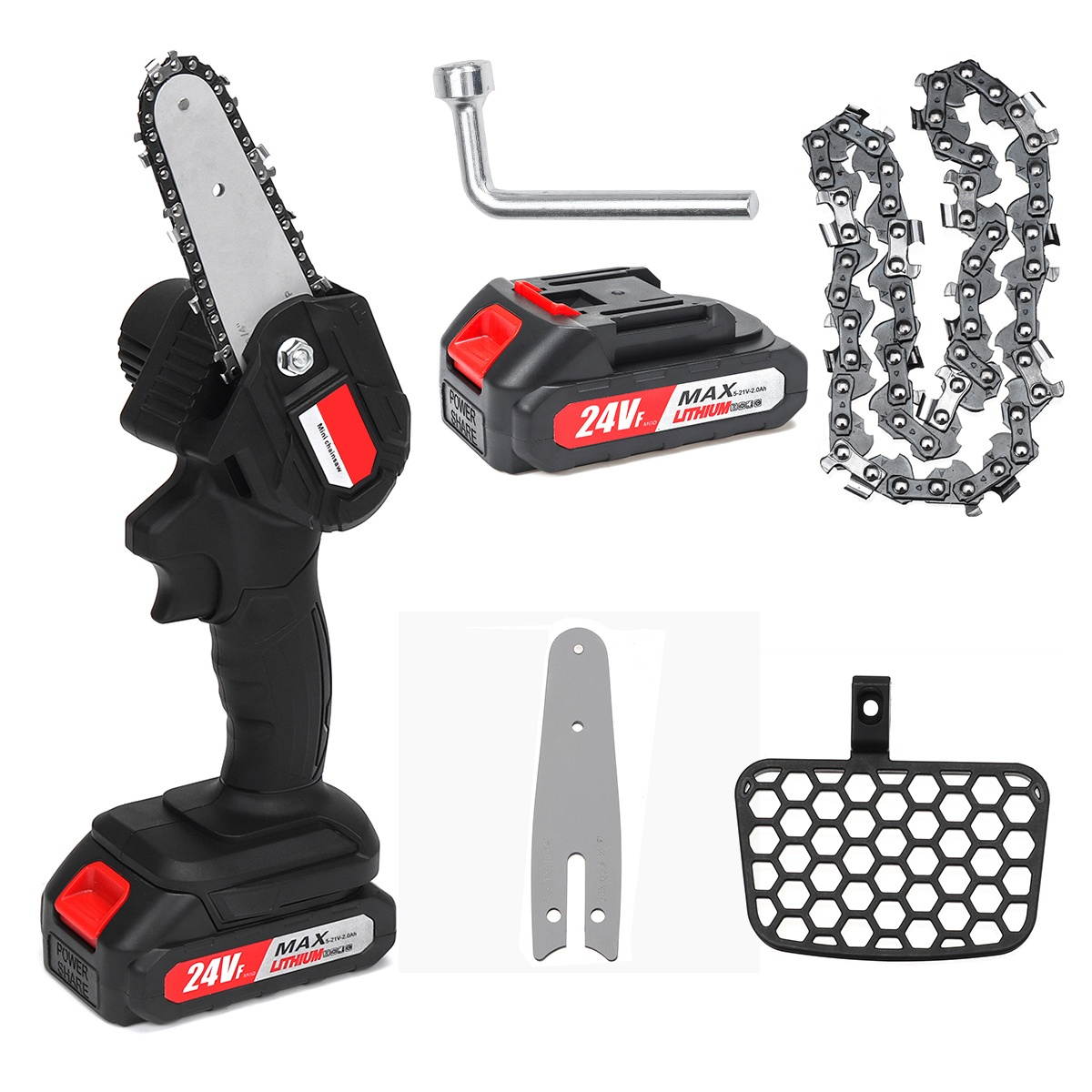 Cordless Electric Chain Saw Portable Rechargeable Woodworking Cutting Tool-Red/US Plug